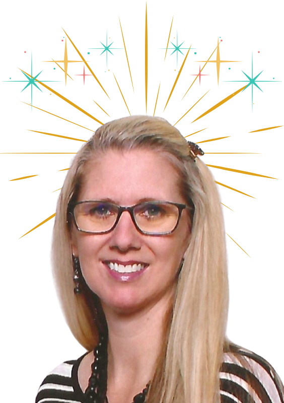 smiling women with blonde hair and glasses